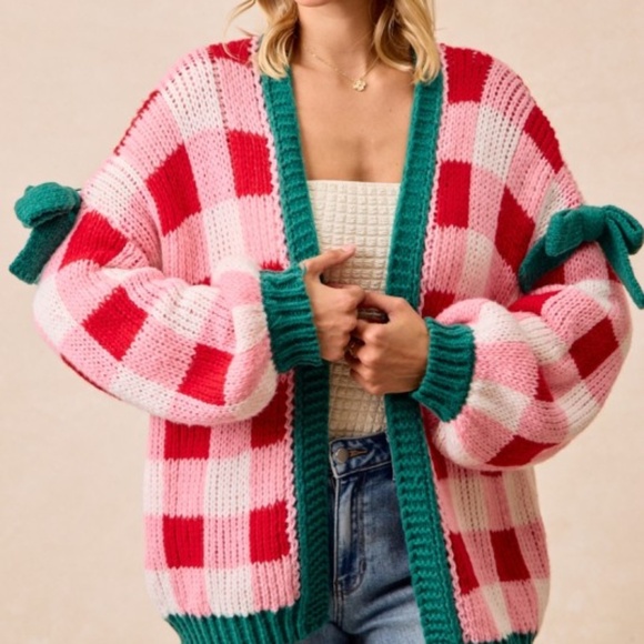 Bibi Buffalo Plaid Bow Detail Open Front Loose Fit Cardigan - Picture 2 of 6